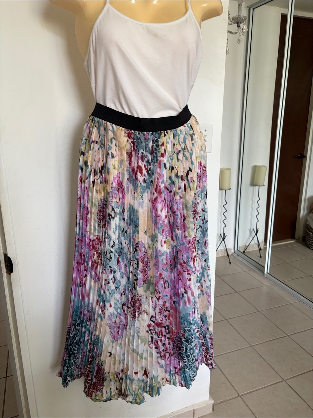 Mlle Gabrielle Pleated Midi Skirt in White, Pink, Teal & Black